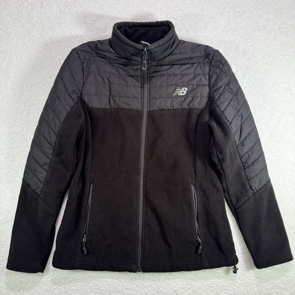 New Balance Womens Full Zip Fleece Jacket Quilted Size Medium Black Mock Neck